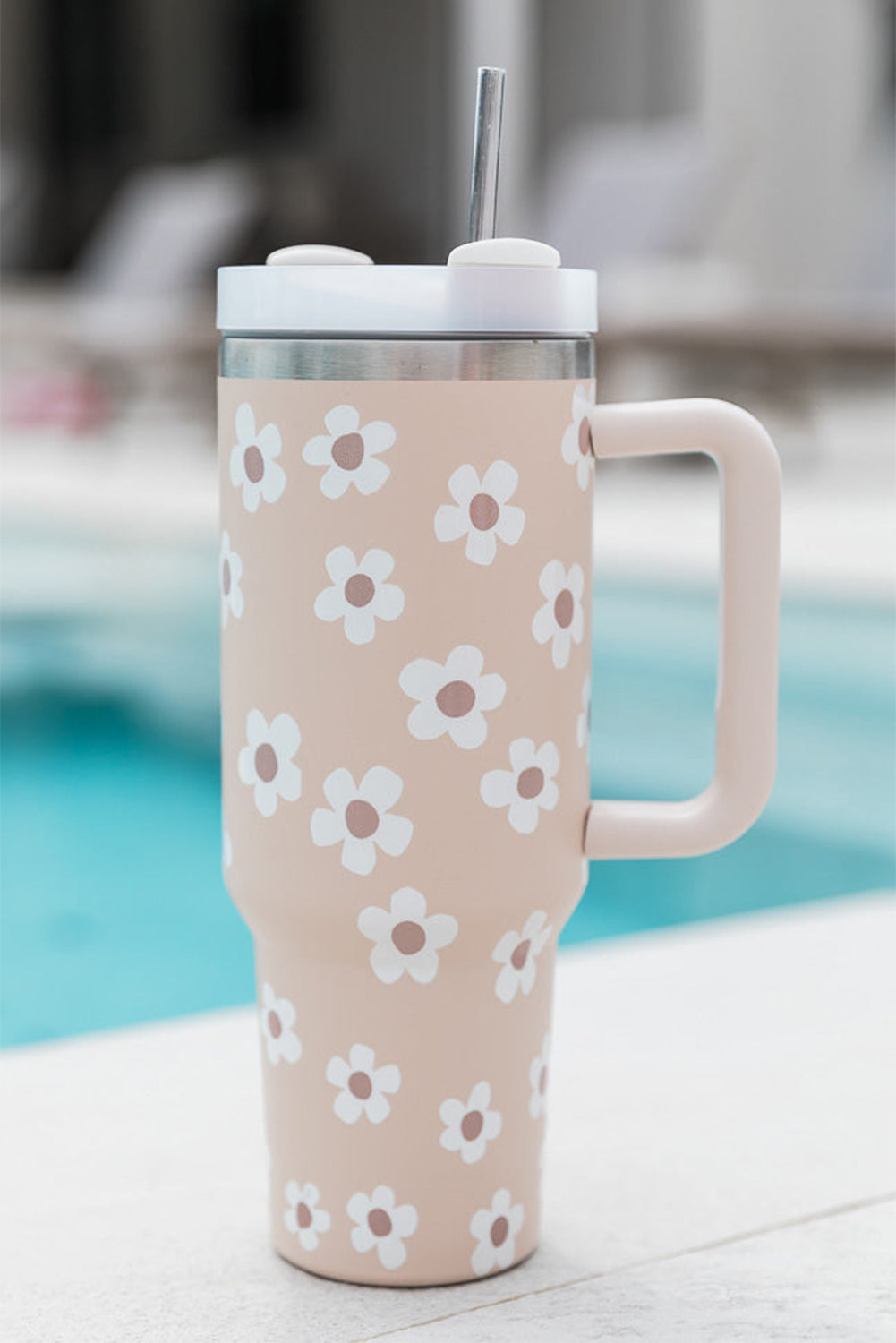 Black Floret Print Stainless Tumbler With Lid And Straw