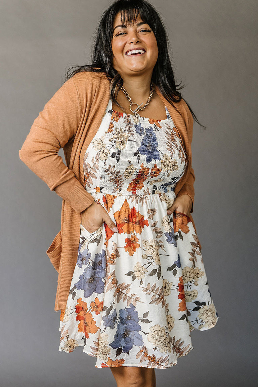 White Floral Smocked Flared Plus Size Dress