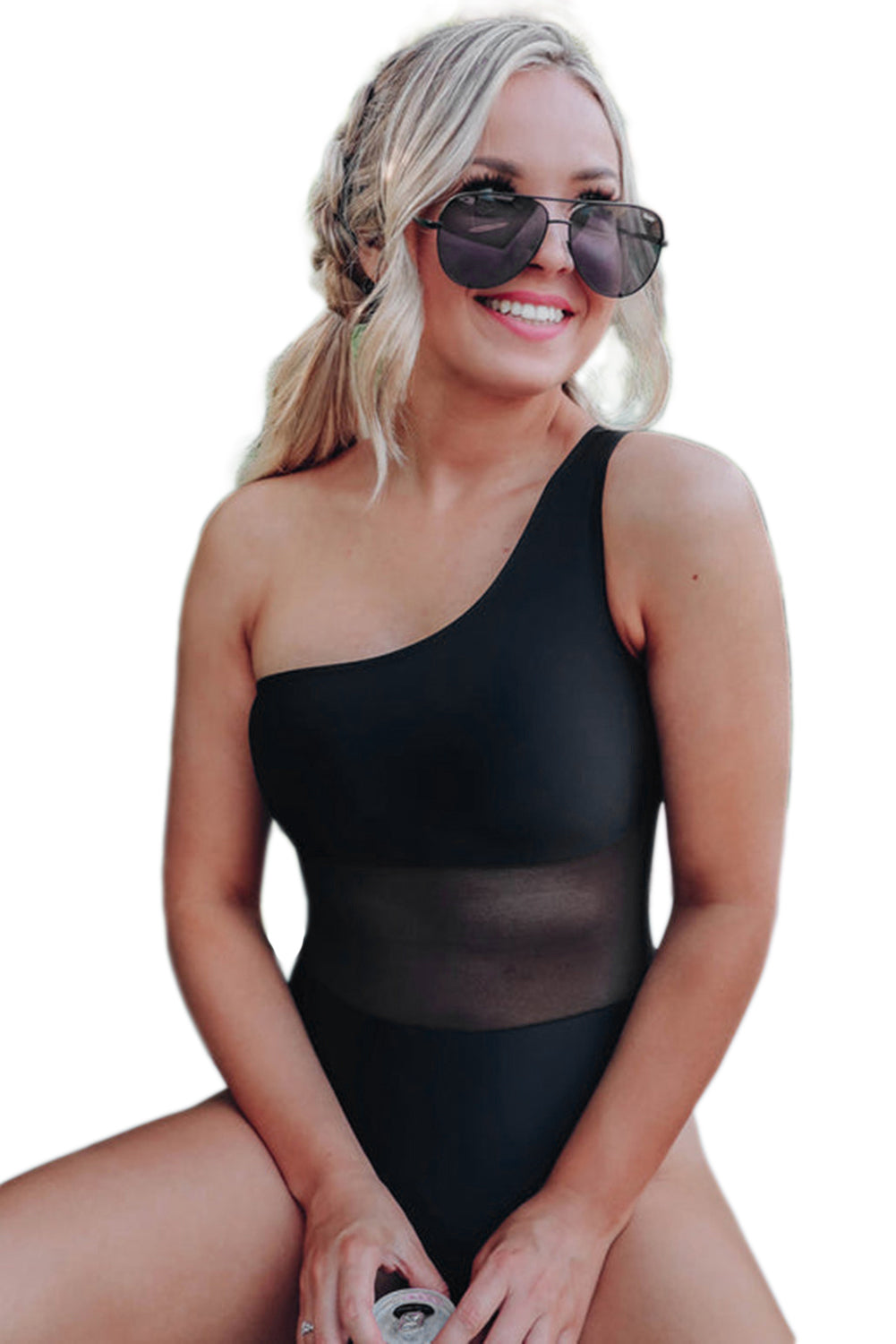 Black Asymmetric Neck Mesh Patchwork One Piece Swimwear