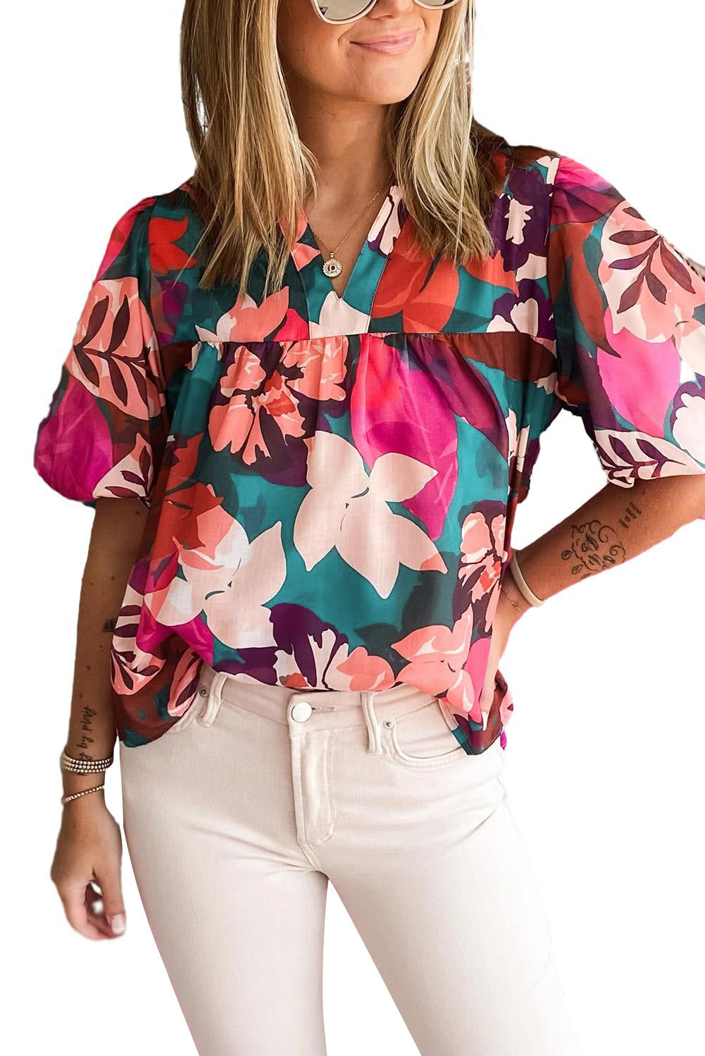 Rose Red Floral Print V Neck Lantern Sleeve Blouse