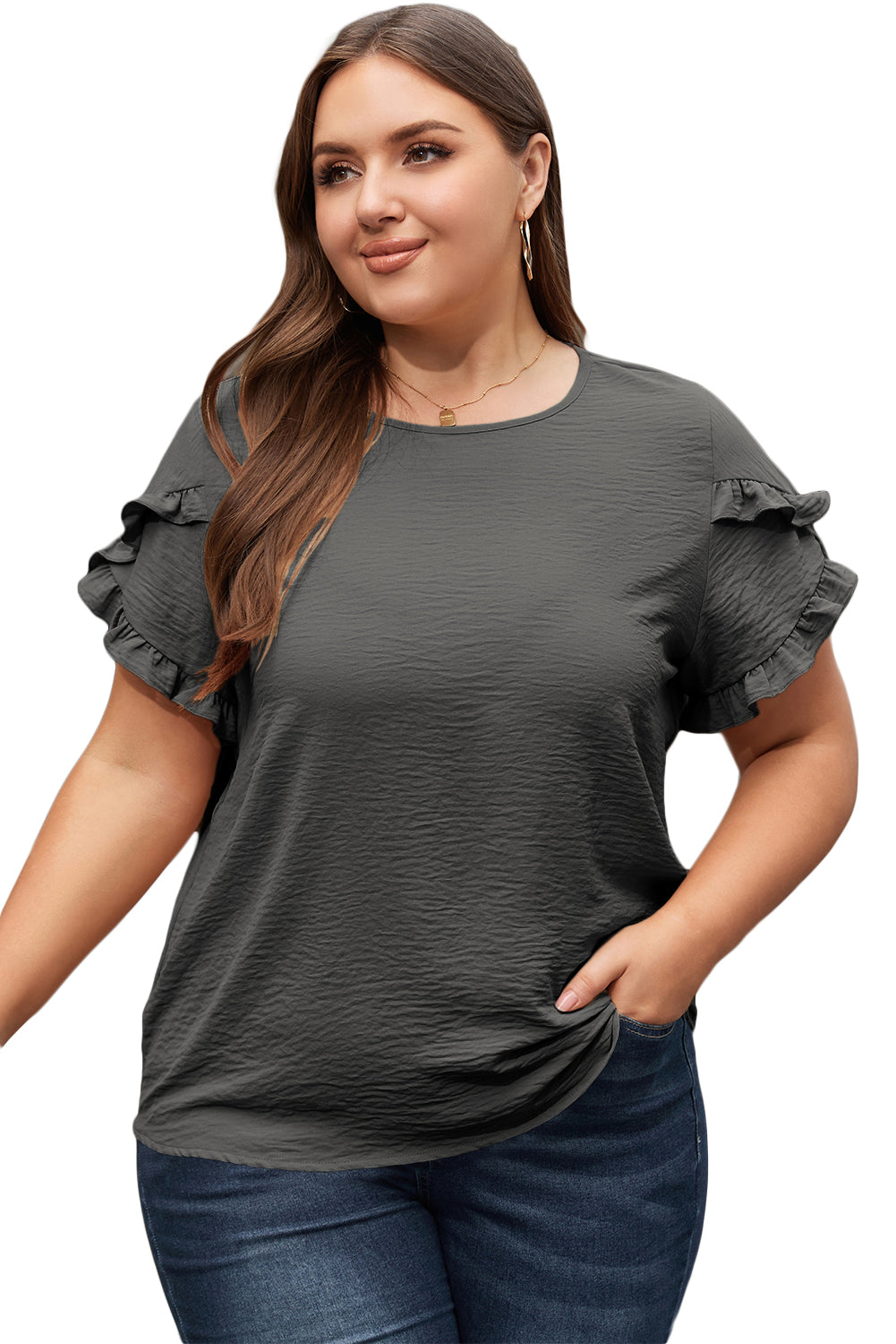 Light French Beige Ruffled Short Sleeve Plus Size Top