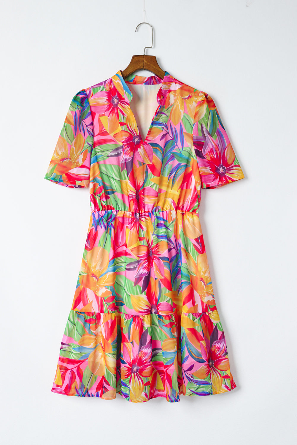 Multicolor Floral Print V Neck Short Sleeve Flared Dress