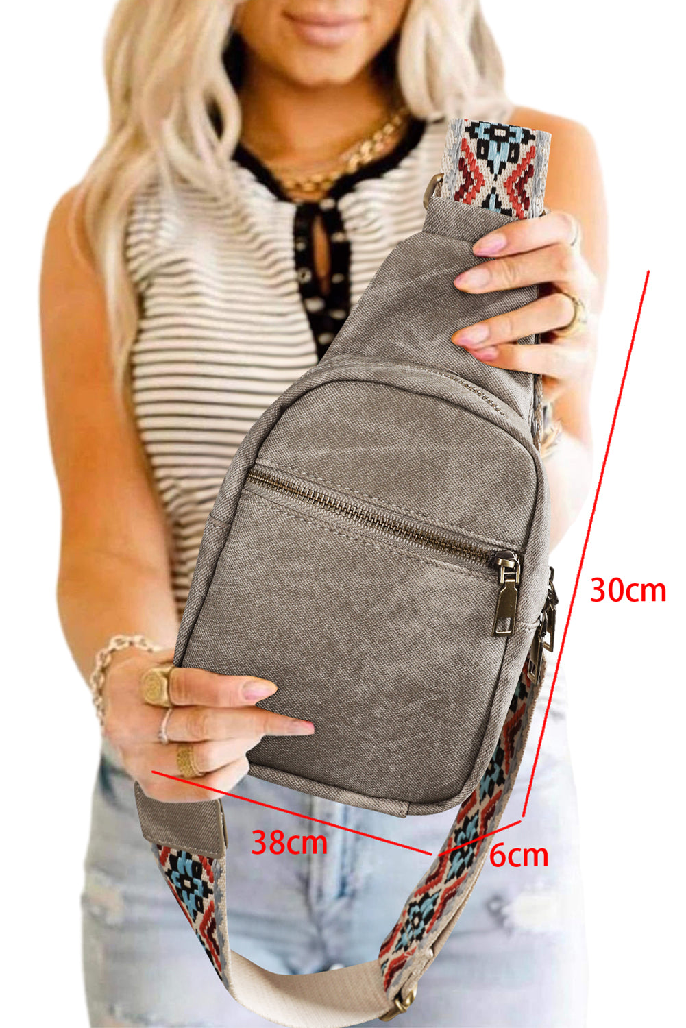 Dark Grey Geometric Print Strap Multi Pocket Crossbody Bag