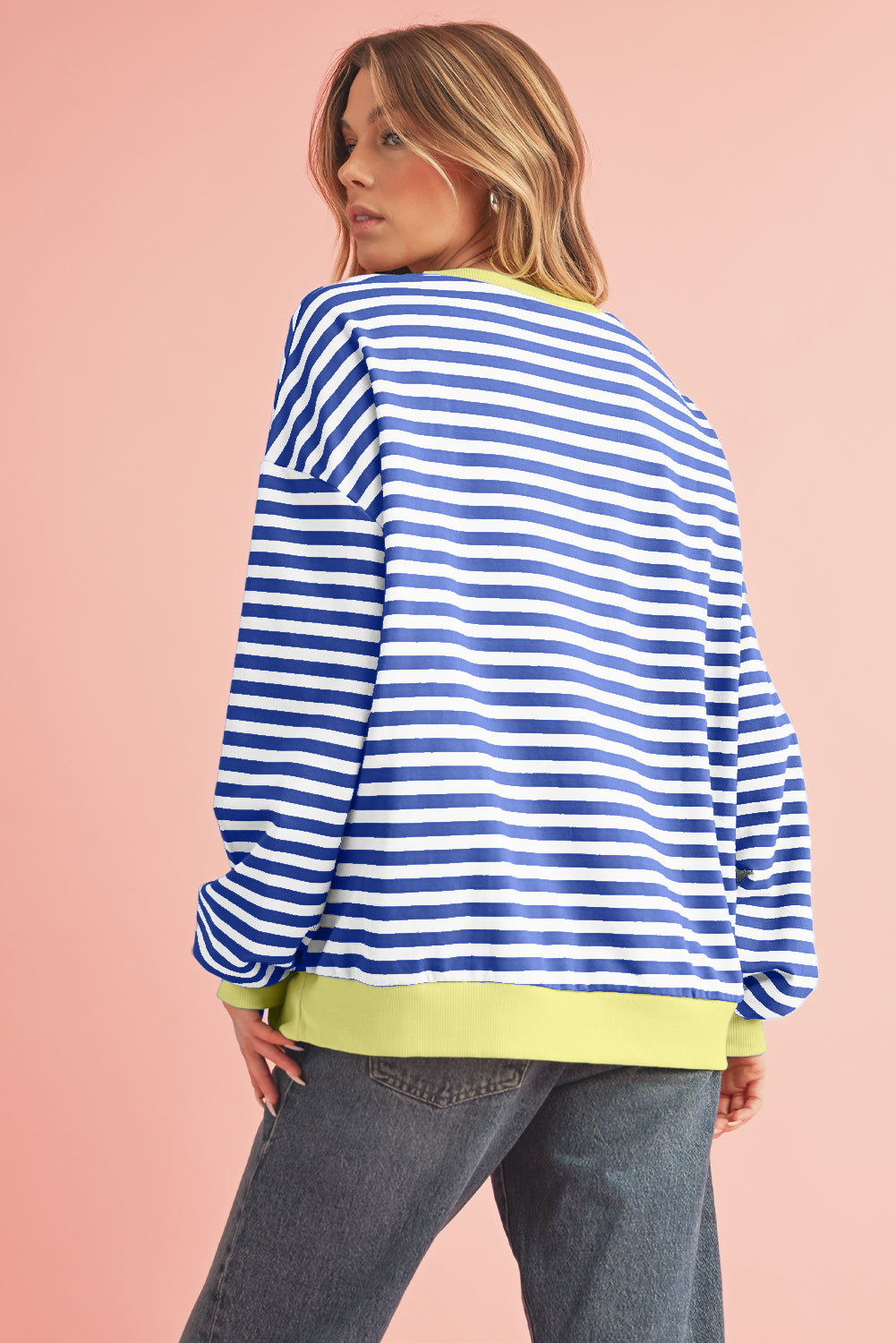 Sky Blue Stripe Contrast Edge Oversized Pullover