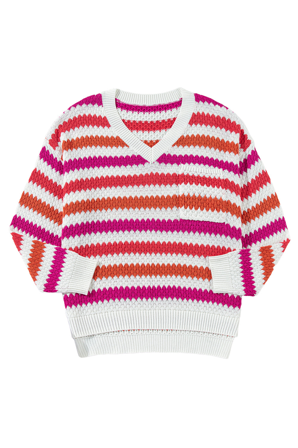 Pink Stripe V Neck Drop Shoulder Plus Size Sweater