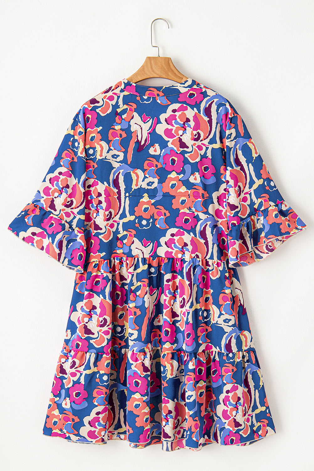 Blue Plus Size Floral Print Bell Sleeve Mini Dress