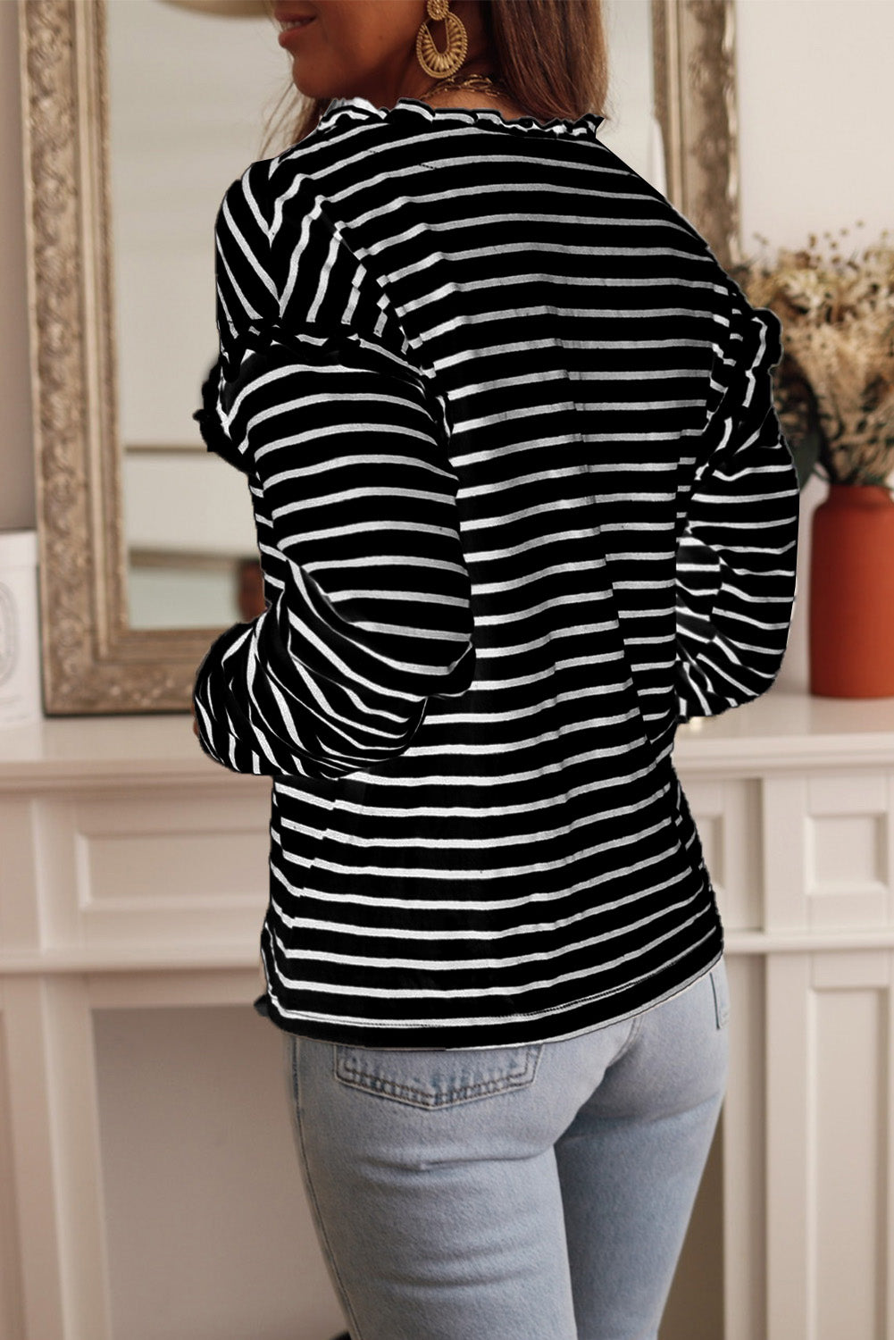 Black Striped Snap Button Casual Long Sleeve Henley Shirt