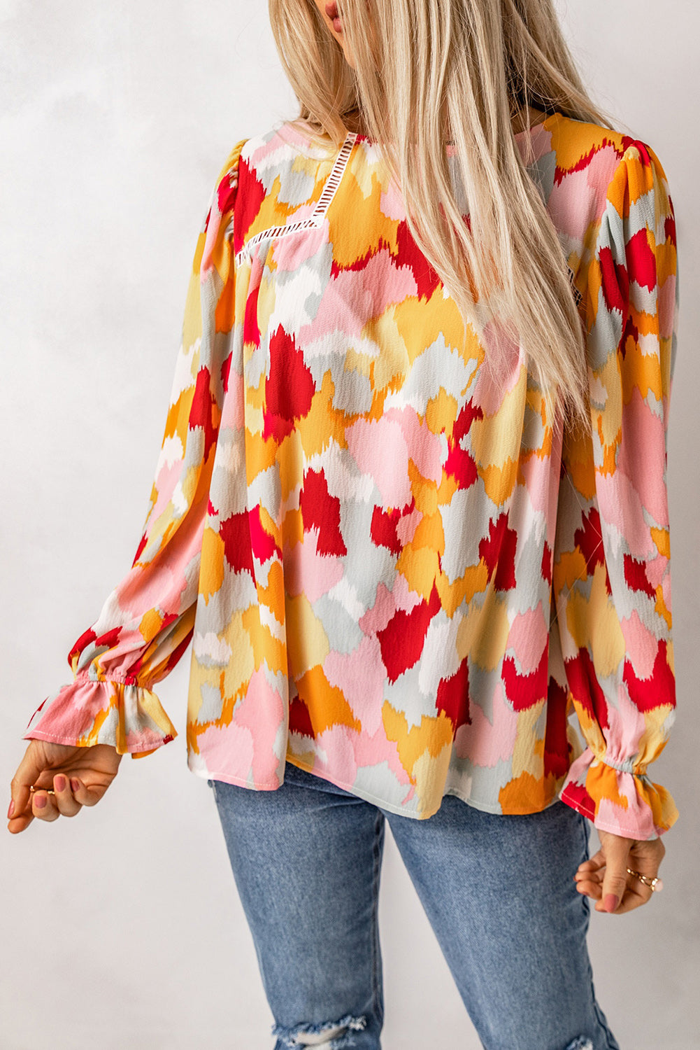 Multicolor Abstract Bohemian Puff Sleeve Blouse