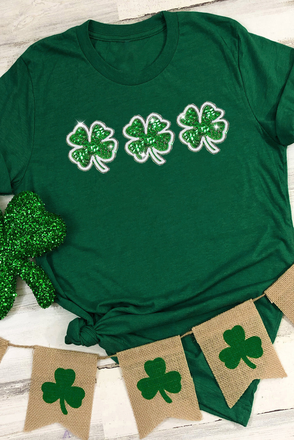 Green St Patrick Clover Patch Sequin Graphic T Shirt