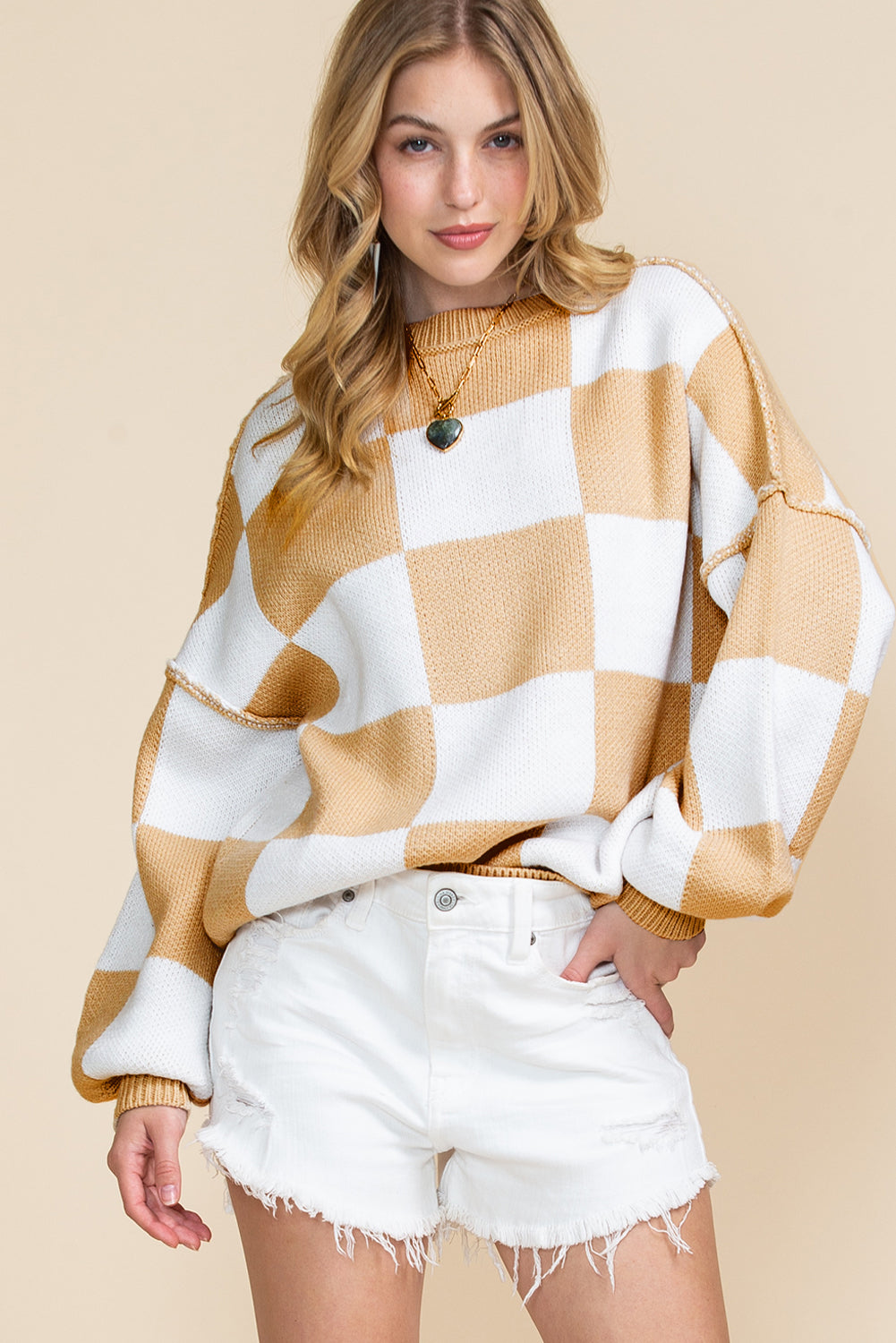 Gray Checkered Bishop Sleeve Pullover Sweater