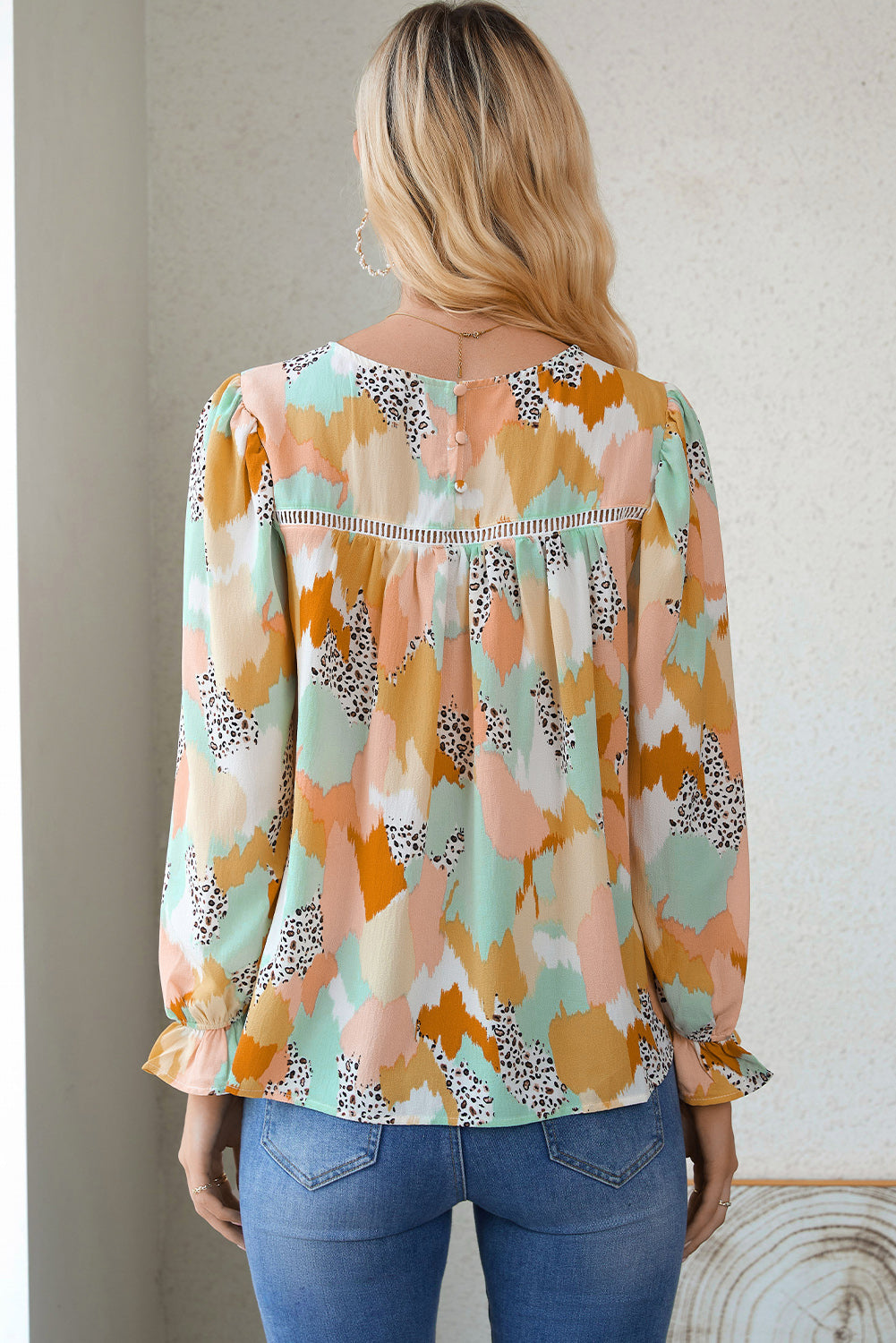 Multicolor Abstract Bohemian Puff Sleeve Blouse