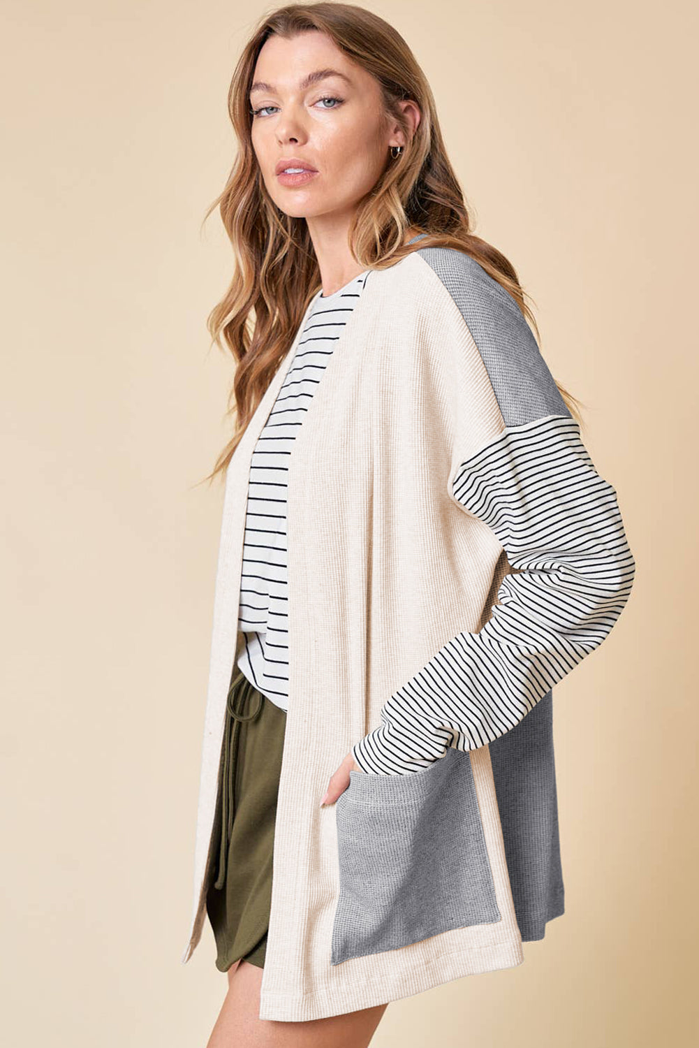 Black Striped Patchwork Pocket Open Front Cardigan