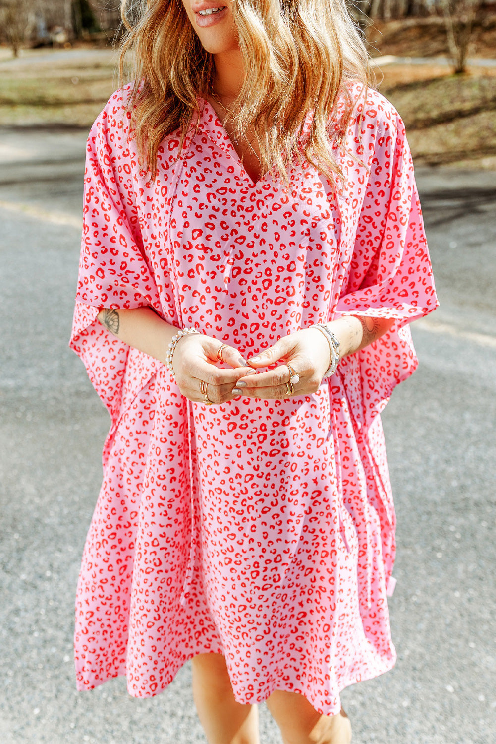 Pink Keyhole Short Sleeve Casual Leopard Print Dress