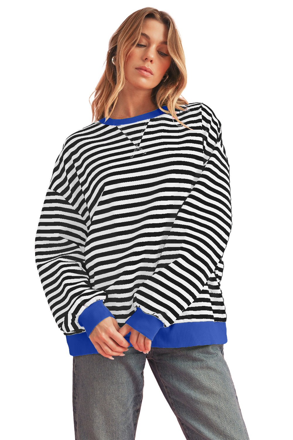 Sky Blue Stripe Contrast Edge Oversized Pullover