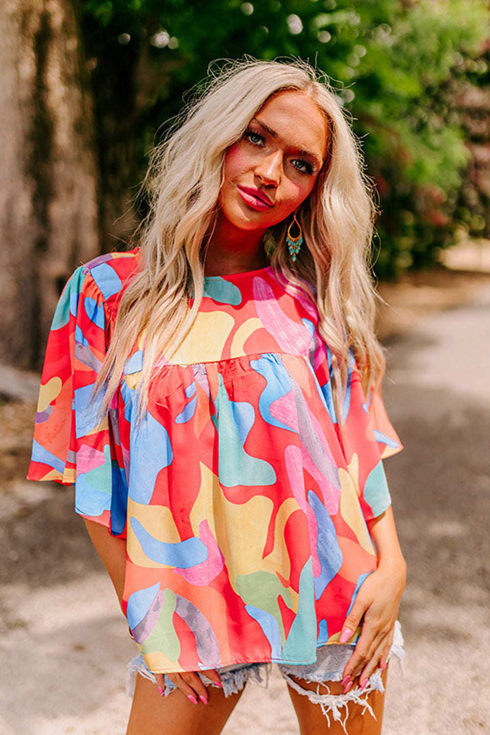 Multicolor Abstract Print Flounce Sleeve Blouse