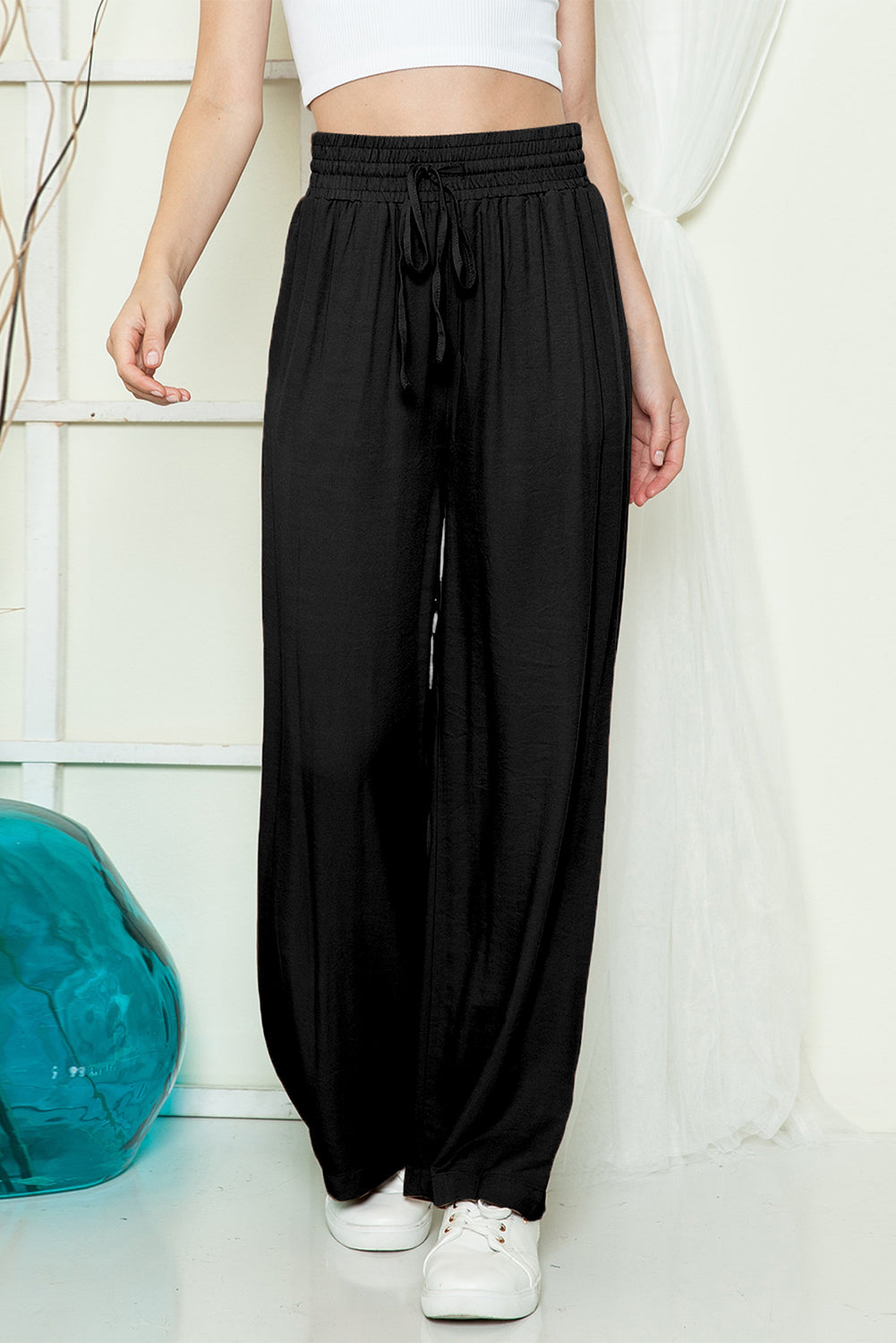 Black Plain Drawstring Shirred Elastic Waist Wide Leg Pants