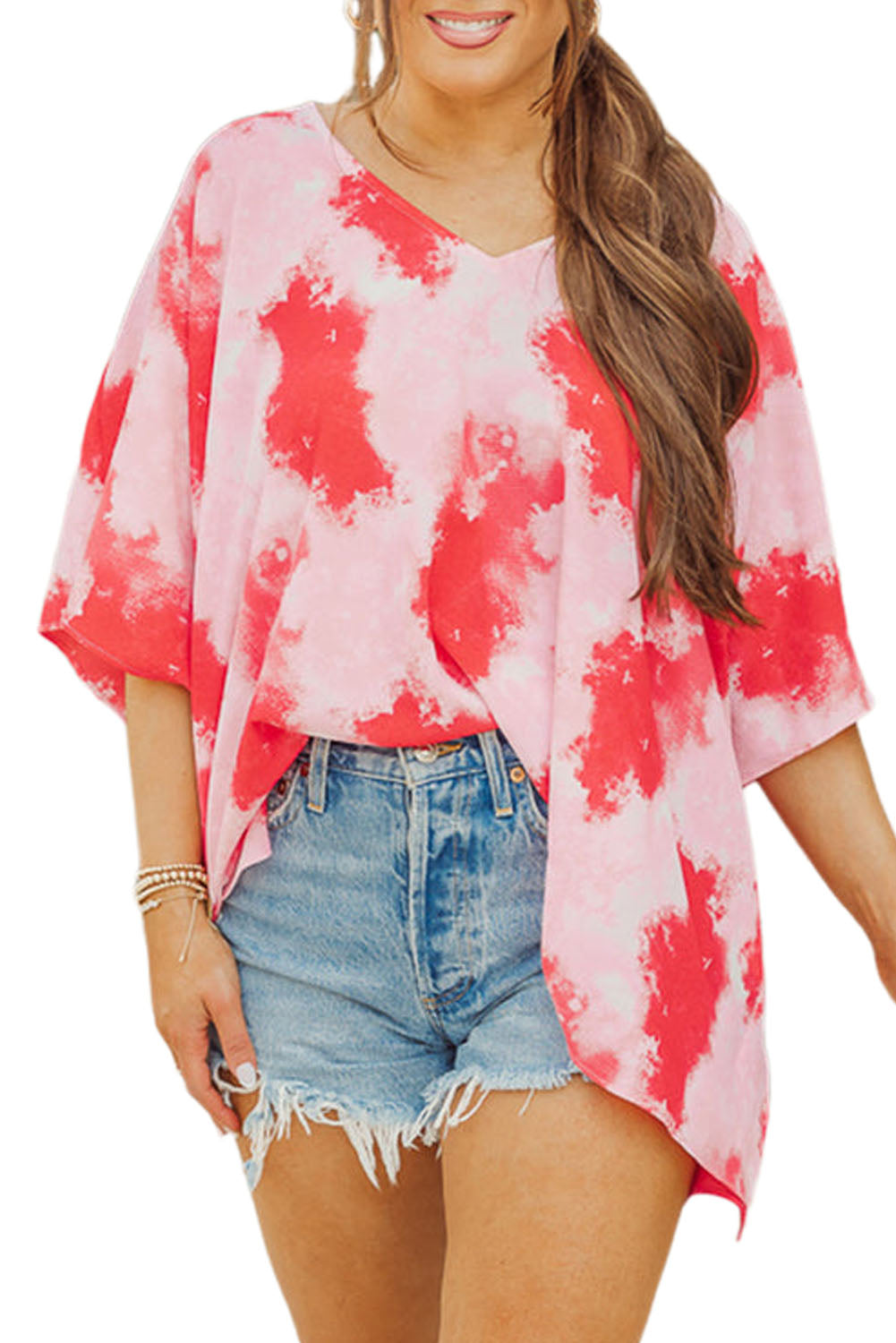 Red Plus Size Tie Dye Print 3/4 Sleeve Tunic Top