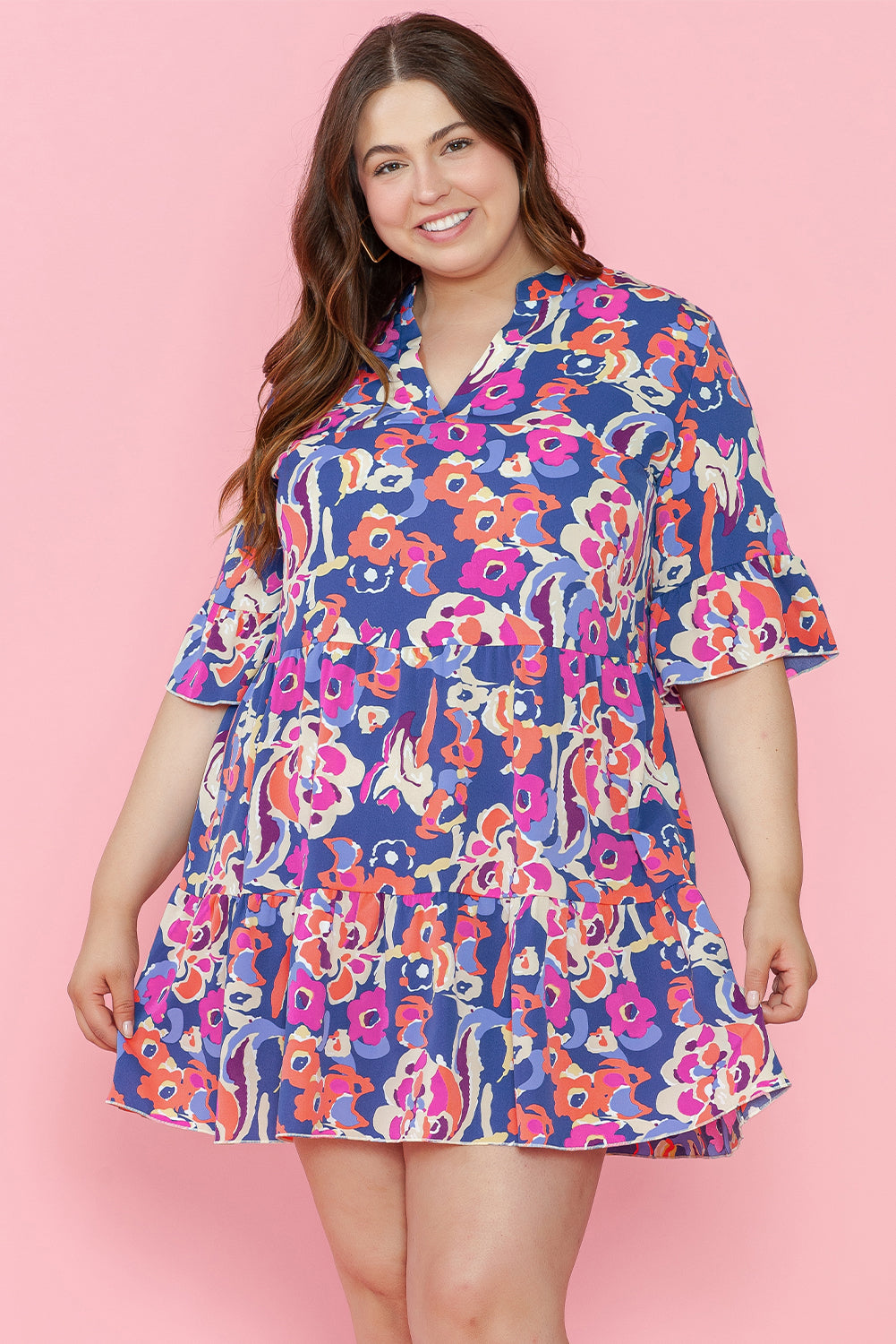 Blue Plus Size Floral Print Bell Sleeve Mini Dress