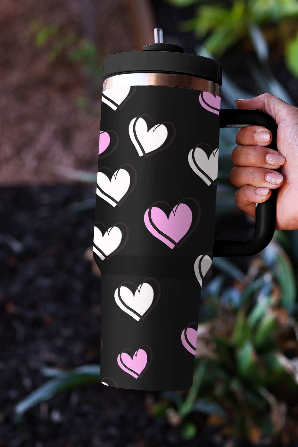 Black Valentines Heart Printed Thermos Cup with Handle