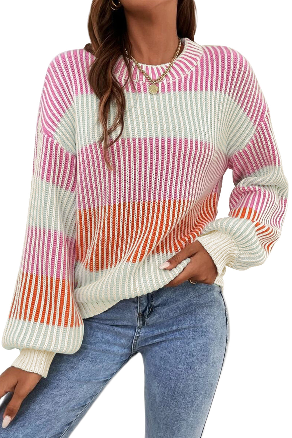 Multicolour Colorblock Lantern Sleeve Knitted Sweater