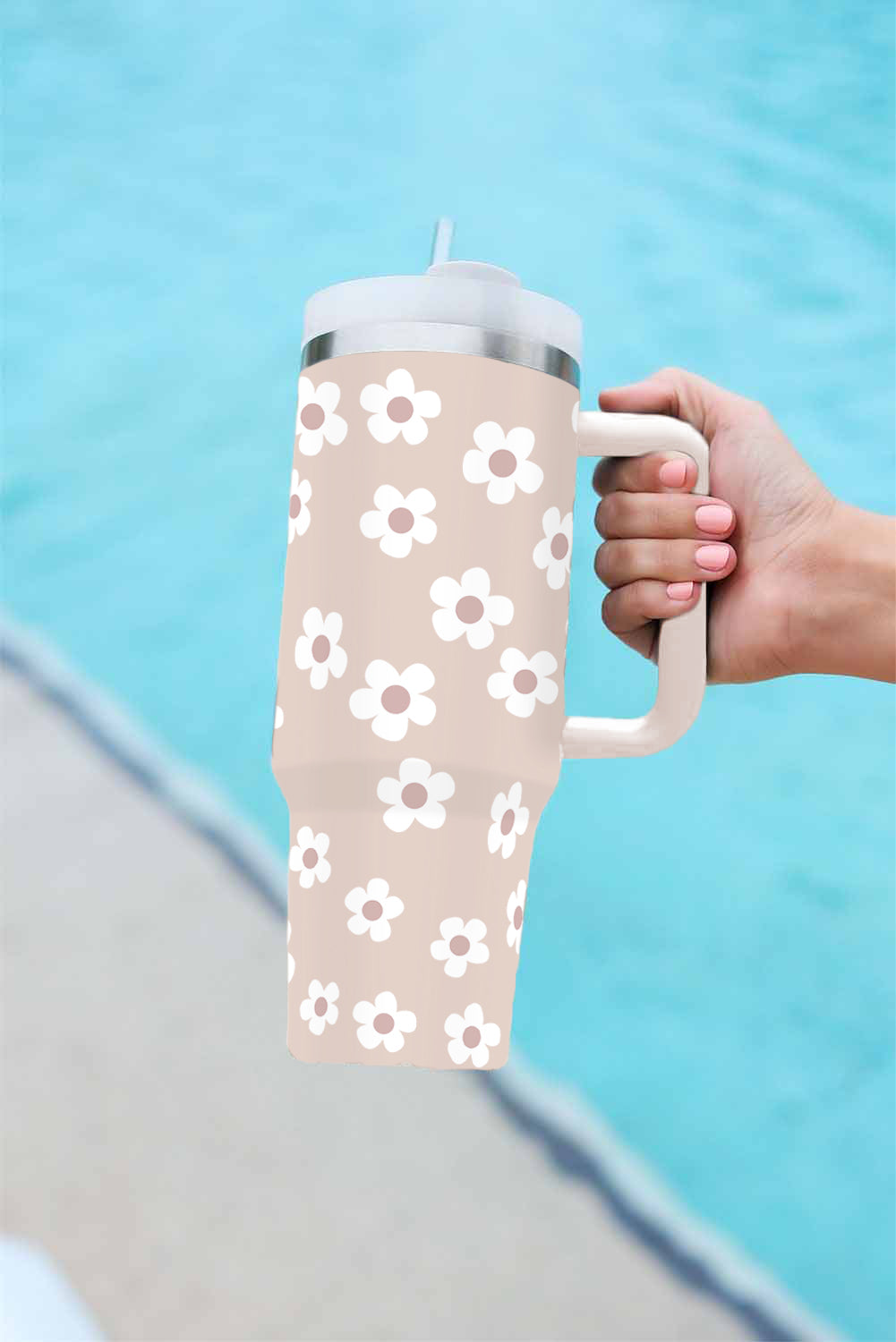 Black Floret Print Stainless Tumbler With Lid And Straw