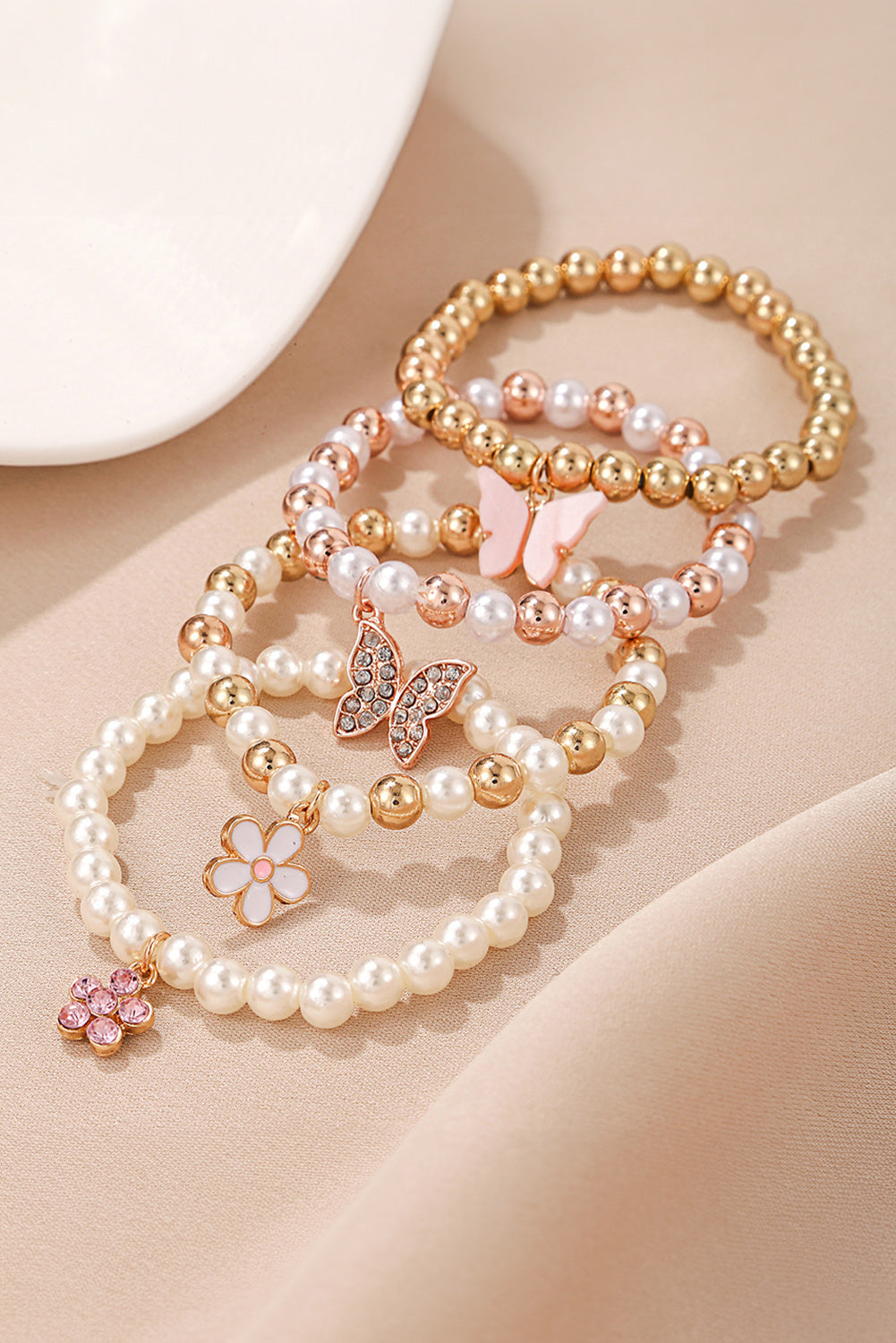 Apricot 4pcs Pearl Beading Butterfly Flower Bracelet Set