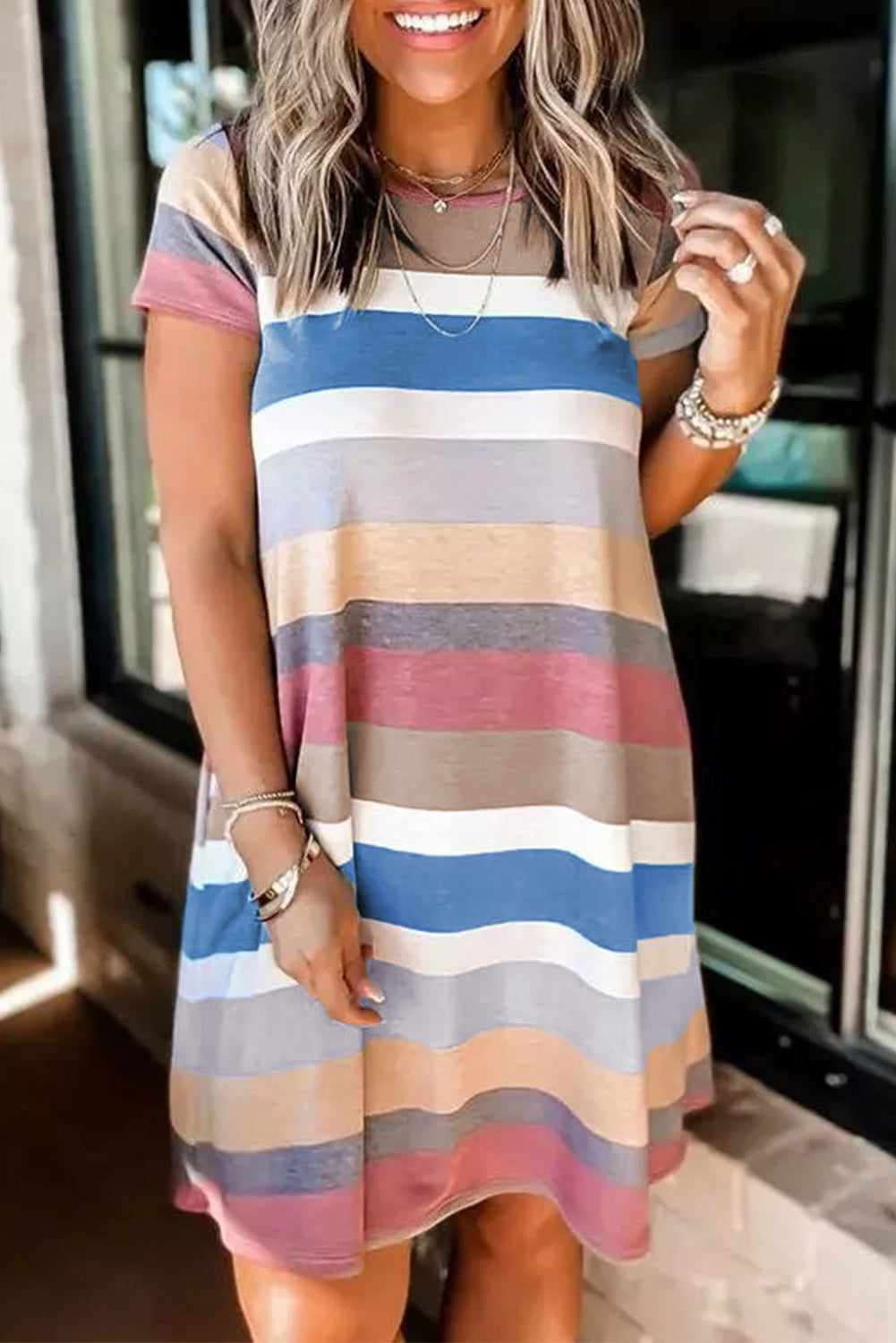 Multicolor Striped Casual Pocket Color Block T Shirt Dress