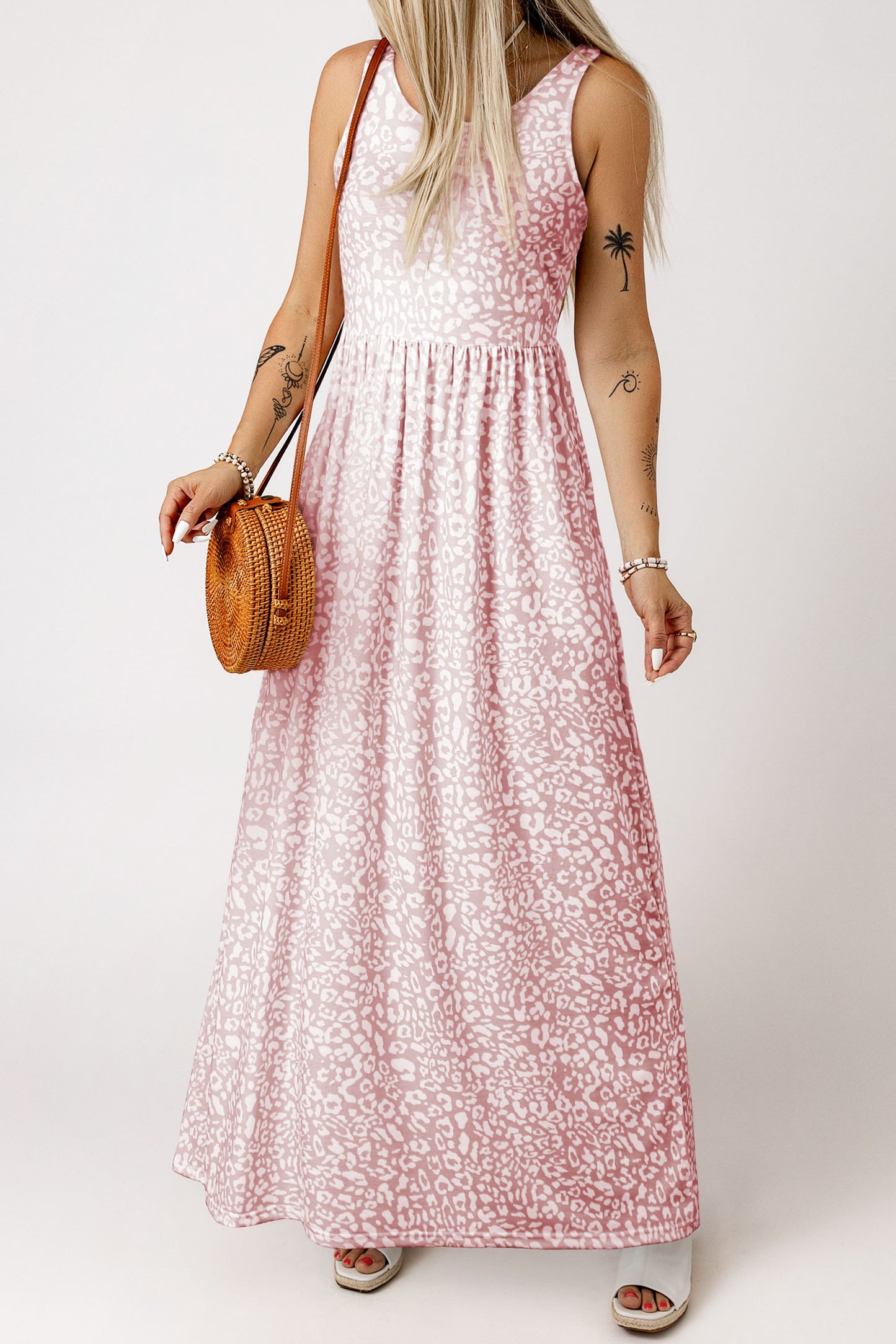 Rose Pink Leopard Pocketed Maxi Tank Dress