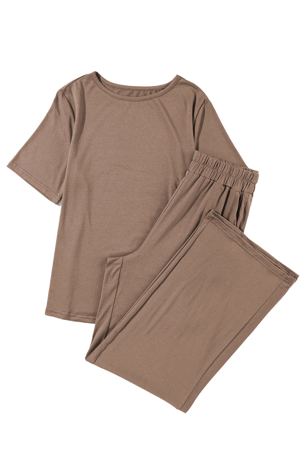 Smoke Gray Solid Color T-Shirt and Wide Leg Pants Set