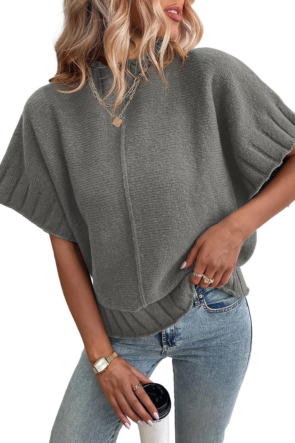 Medium Grey Mock Neck Batwing Sleeve Knit Sweater