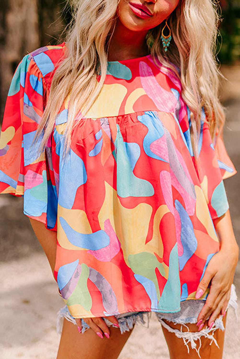 Multicolor Abstract Print Flounce Sleeve Blouse