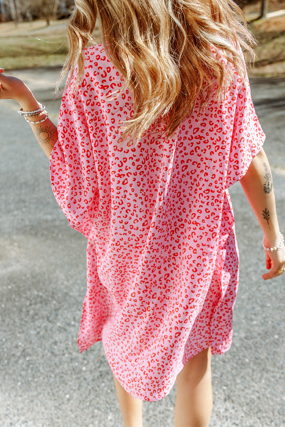 Pink Keyhole Short Sleeve Casual Leopard Print Dress