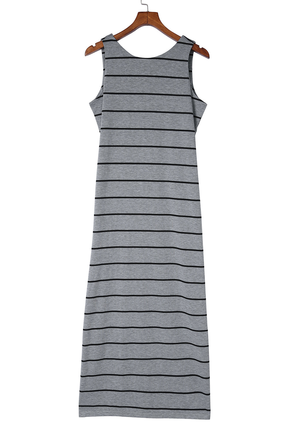 Khaki Striped Backless Casual Side Slits Maxi Dress