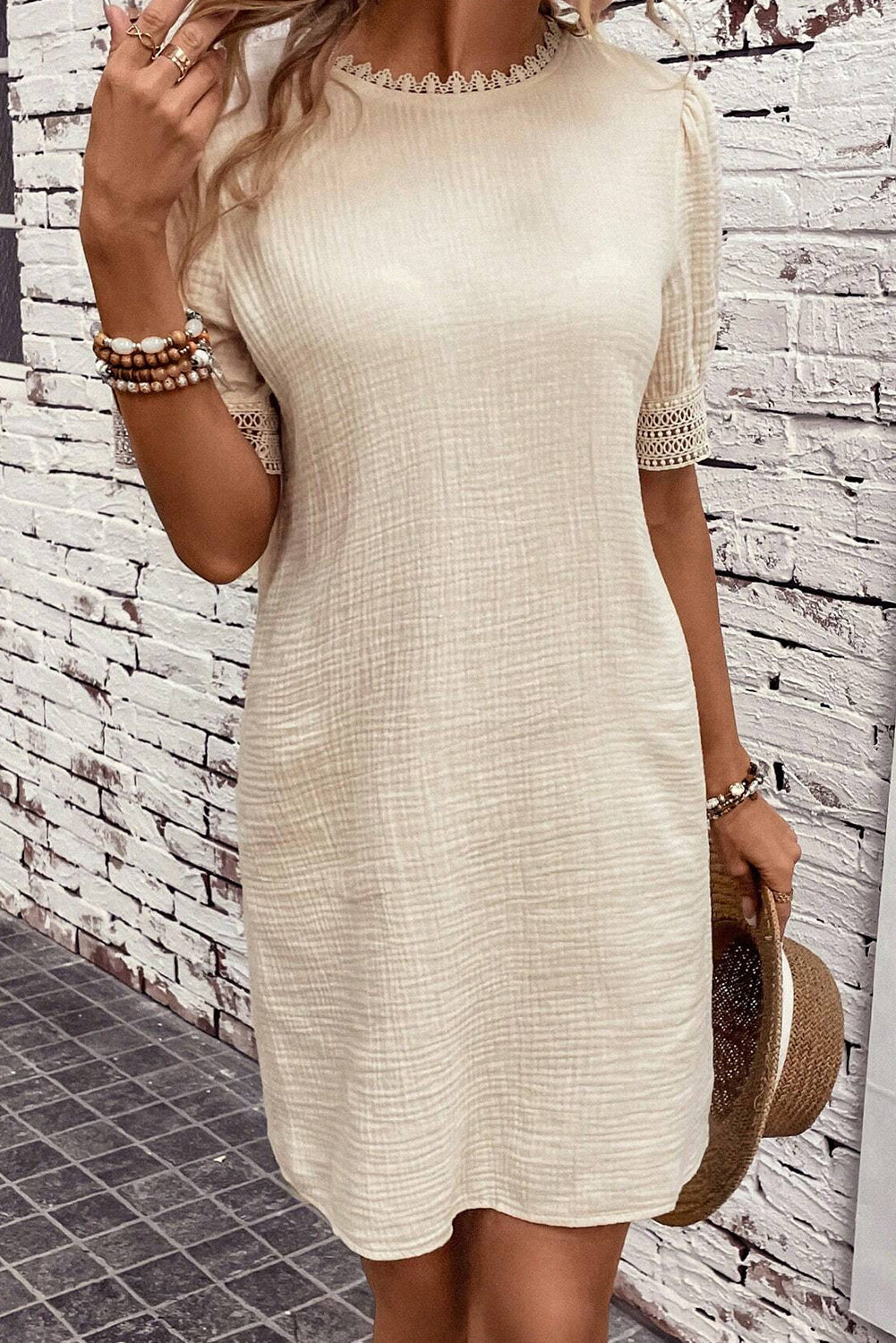 Beige Crinkled Lace Trim Splicing Puff Sleeve Mini Dress