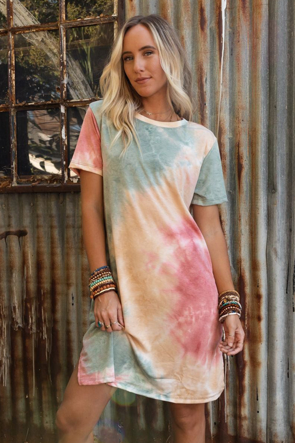 Multicolor Tie Dye Casual Short Sleeve T Shirt Dress