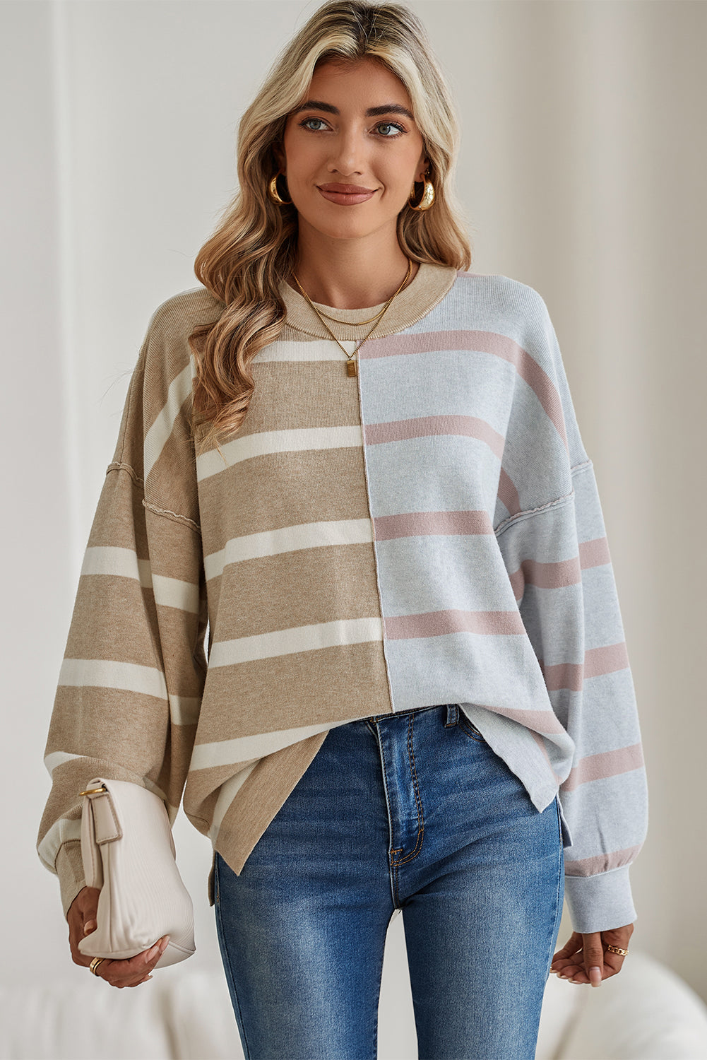 Light Beige Striped Colorblock Drop Shoulder Sweater