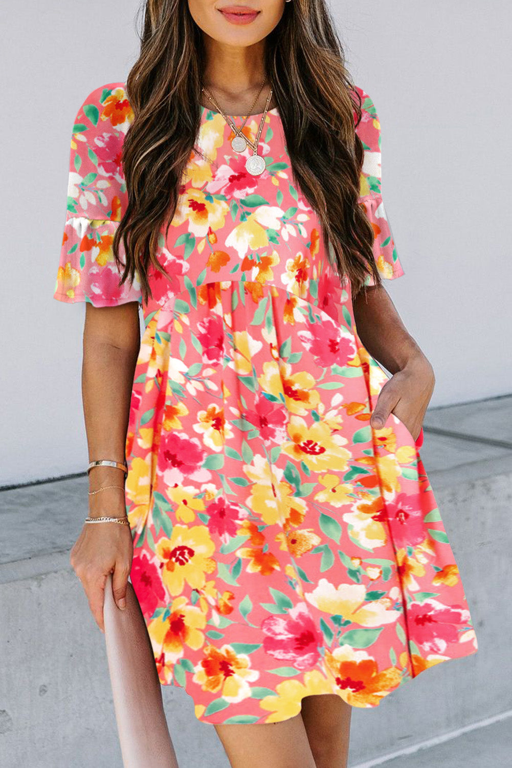 Multicolor Floral Print Flounce Sleeve Pleated Mini Dress