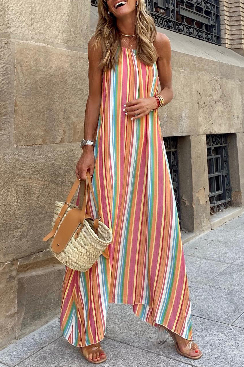 Bohemian Striped Print Colorblock Sleeveless Maxi Dress