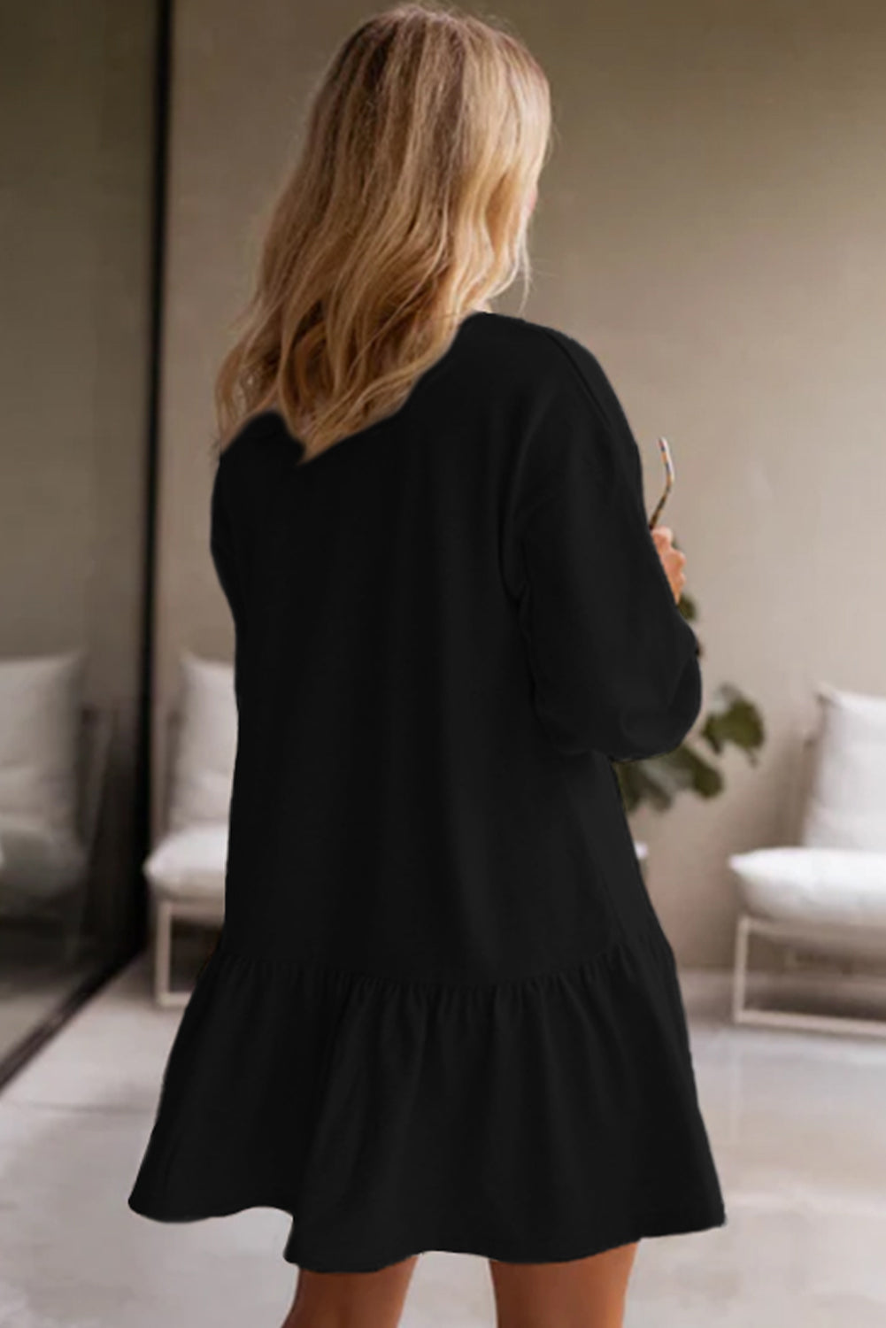 Black Solid Color Ruffle Hem Mini Sweatshirt Dress