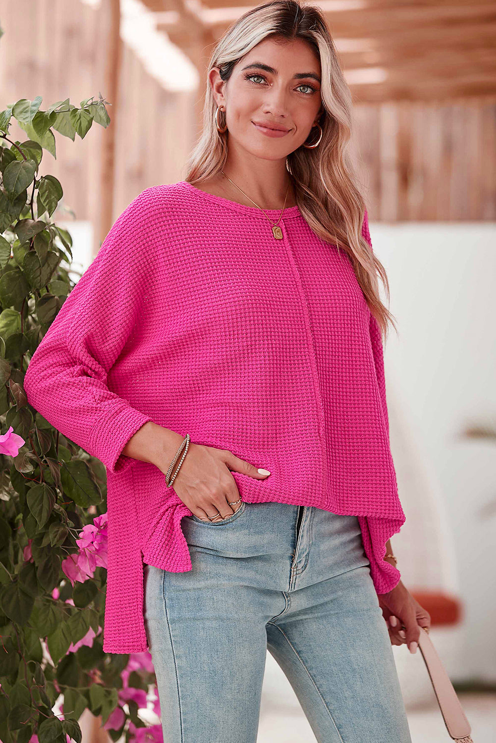 Rose Red Textured Center Seam Long Sleeve Split Top