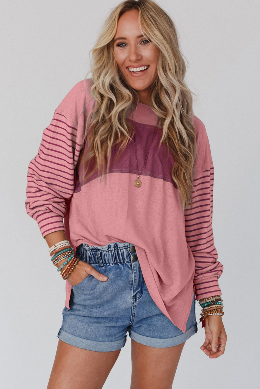 Red Colorblock Striped Bishop Sleeve Top with Side Slits