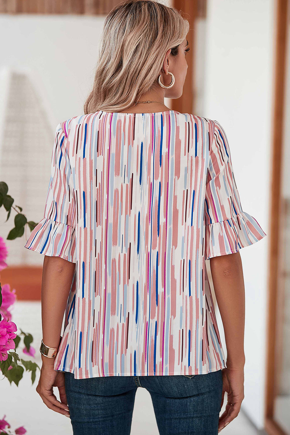 White Colorblock Striped Ruffle Half Sleeve Blouse