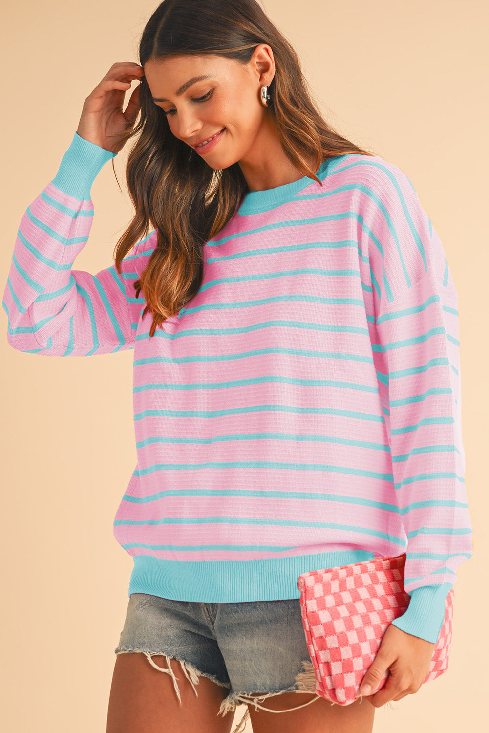 Sky Blue Stripe Round Neck Drop Shoulder Loose Sweater