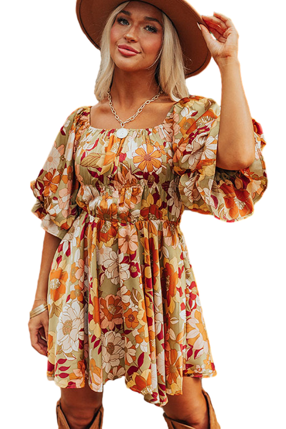 Multicolor Floral Printed Square Neck Half Sleeve Mini Dress