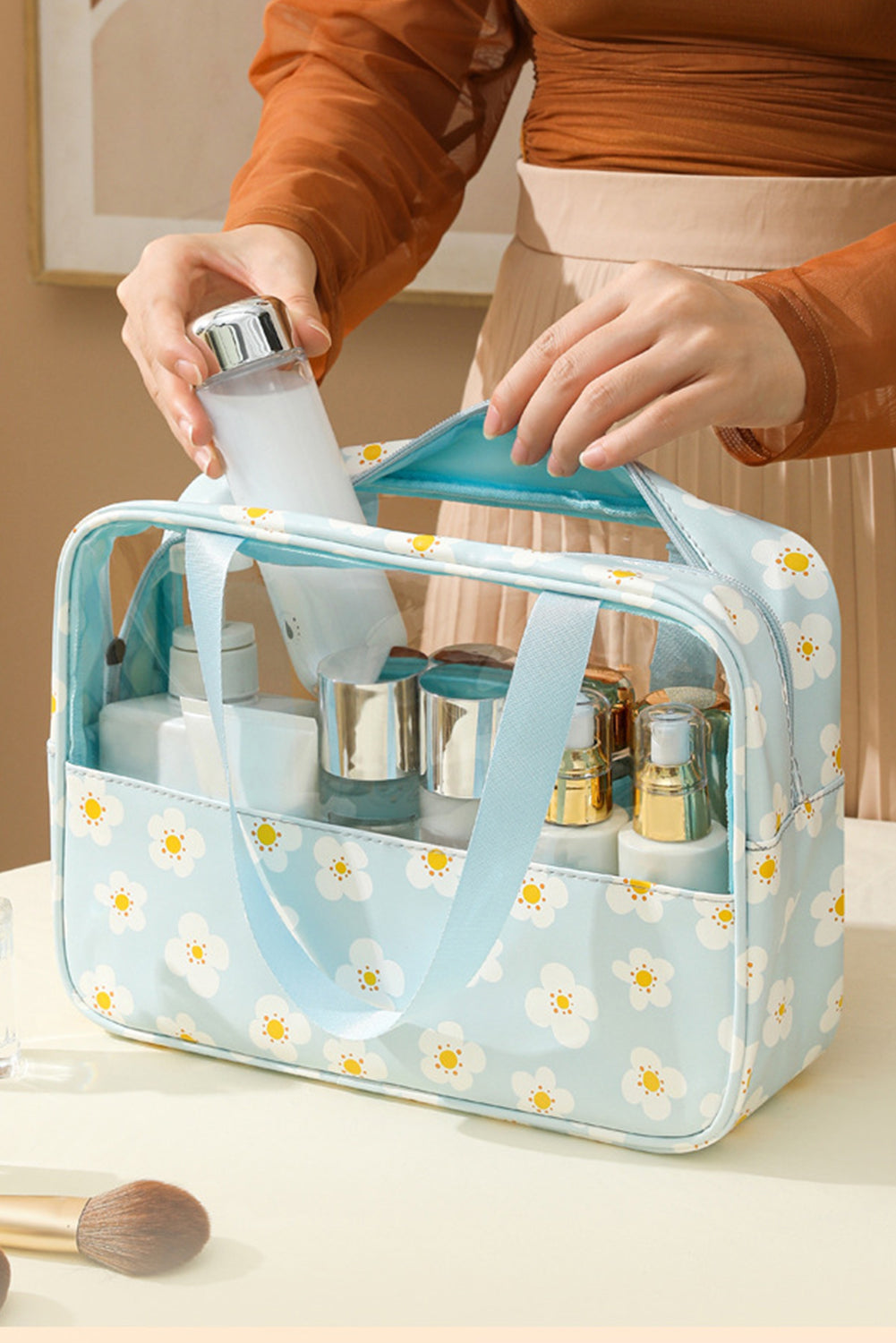 Mist Blue Floral Print Zipper Waterproof Clear Makeup Bag