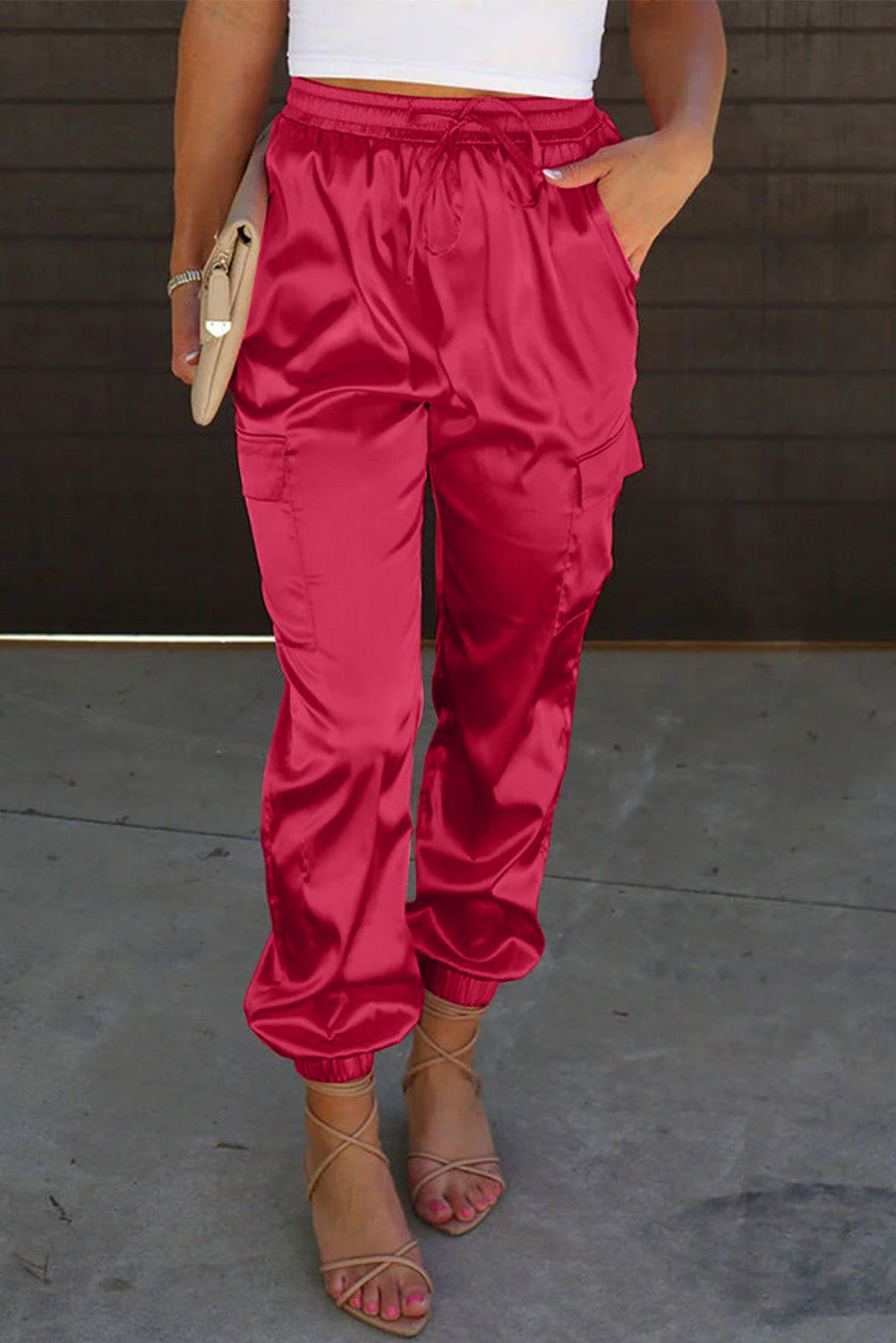 Rose Satin Pocketed Drawstring Elastic Waist Jogger Pants