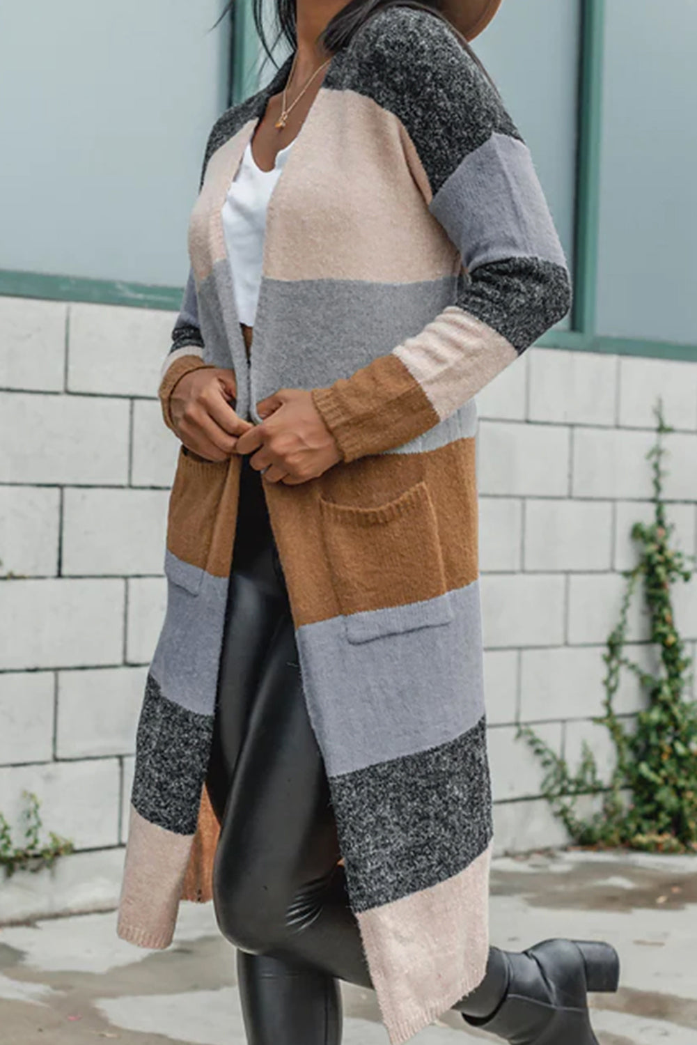 Multicolor Knitted Color Block Open Front Long Cardigan