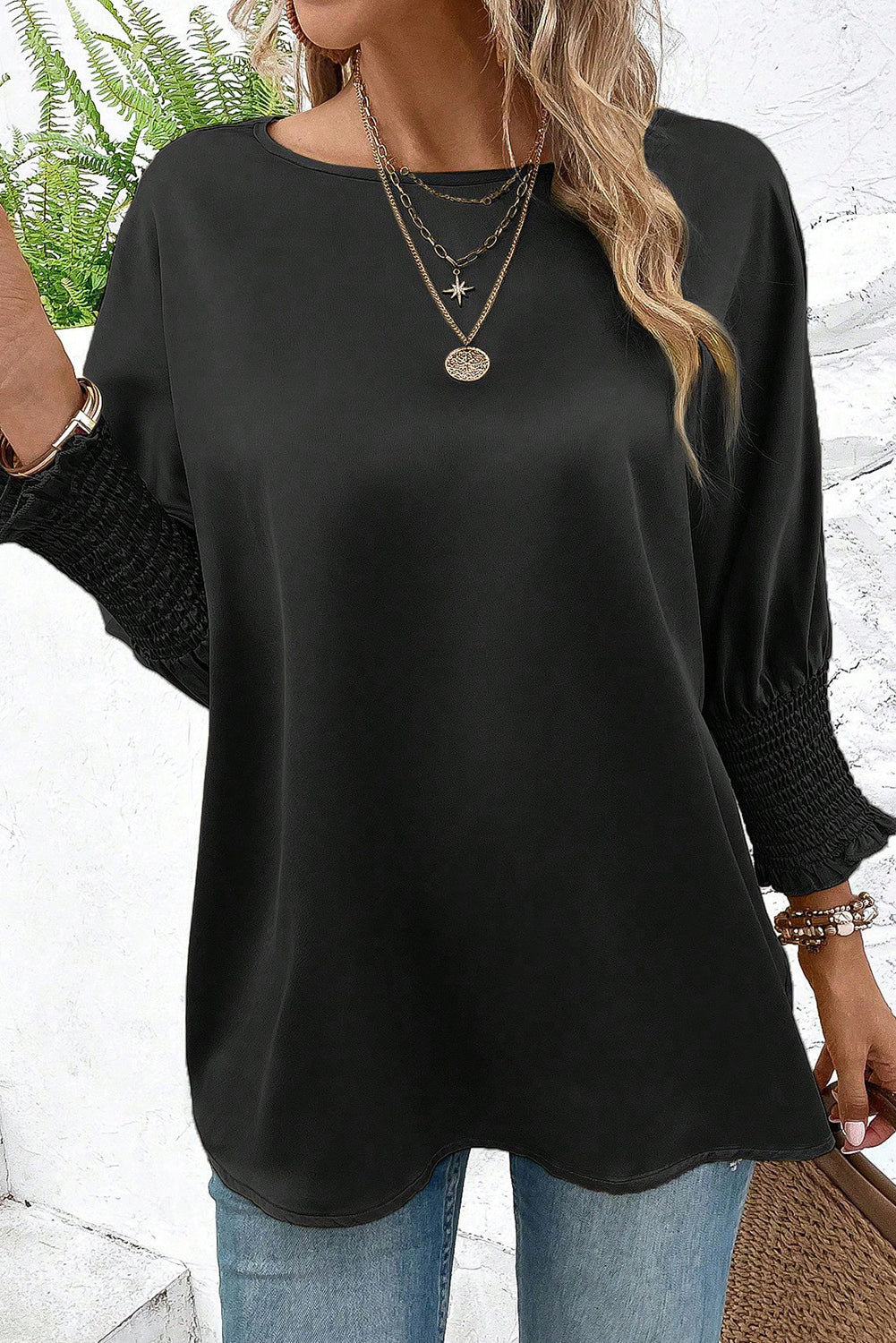 Black Smocked Dolman Sleeve Satin Blouse