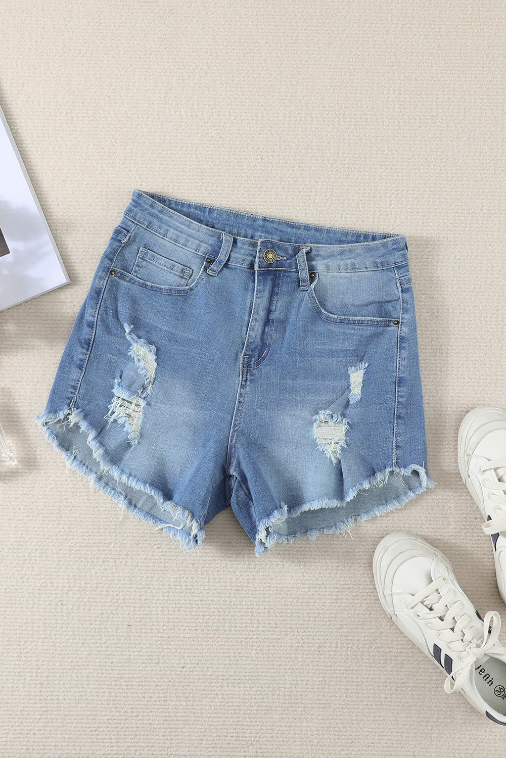 Dark Blue Casual Frayed Hem Denim Shorts