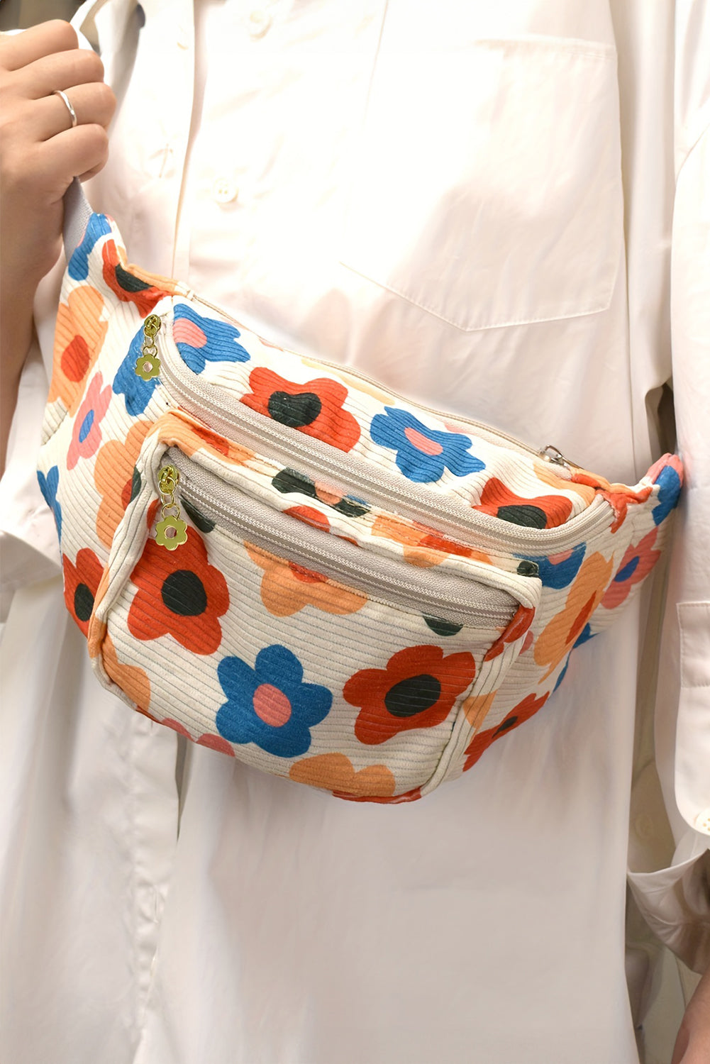 Khaki Colorful Flower Printed Rib Textured Waist Belt Bag